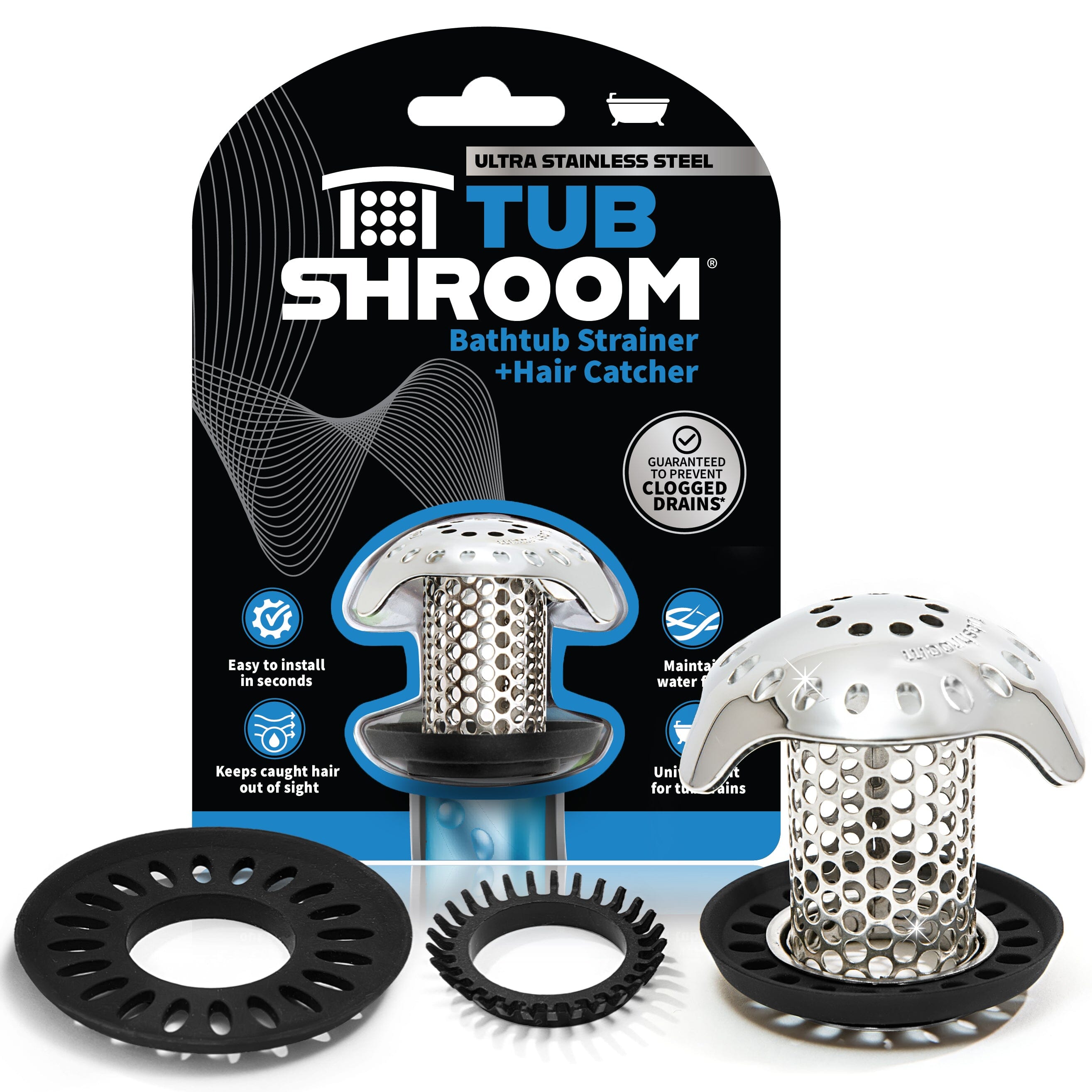 TubShroom Ultra (Stainless) Hair Catcher to Prevent Clogged Tub Drains