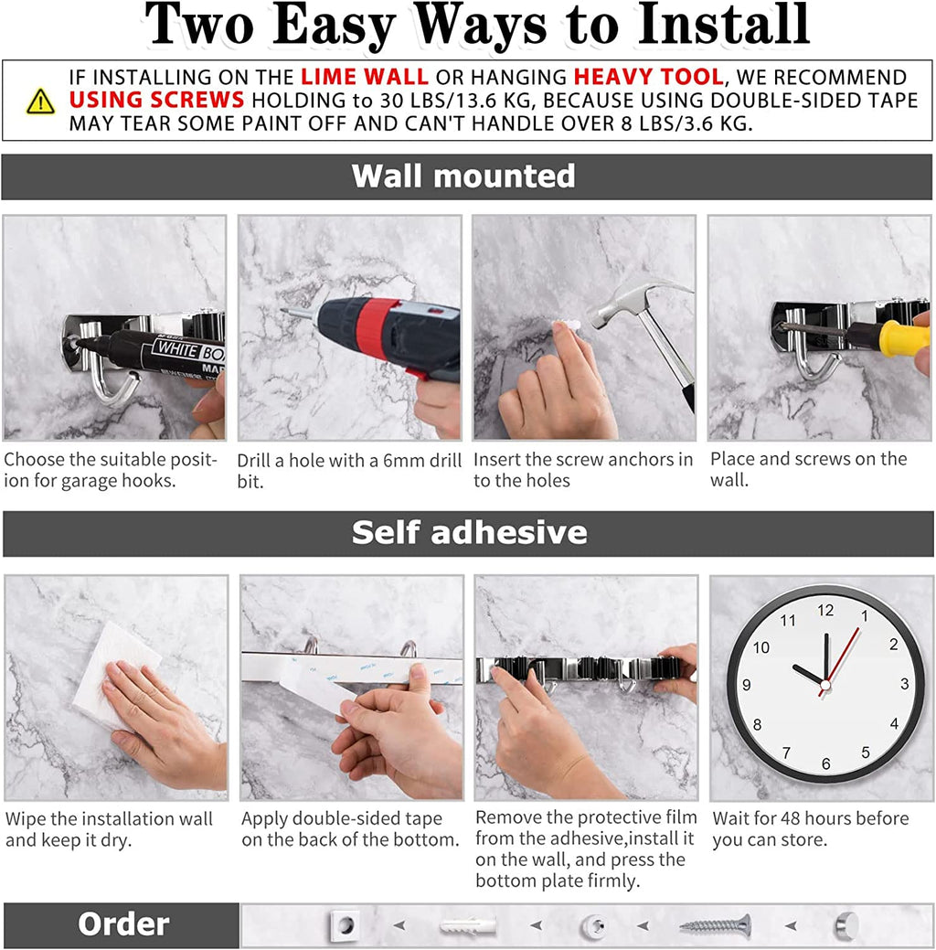 5 Racks and 4 Hooks Mop and Broom Holder Wall Mount, Broom Organizer Storage Tool Racks Stainless Steel Heavy Duty Hooks Self Adhesive Solid Non-Slip for Home Kitchen Garden Laundry Garage