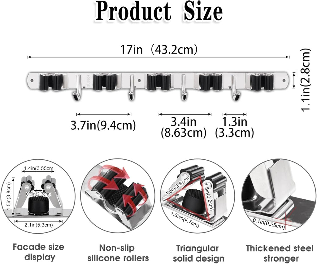 5 Racks and 4 Hooks Mop and Broom Holder Wall Mount, Broom Organizer Storage Tool Racks Stainless Steel Heavy Duty Hooks Self Adhesive Solid Non-Slip for Home Kitchen Garden Laundry Garage